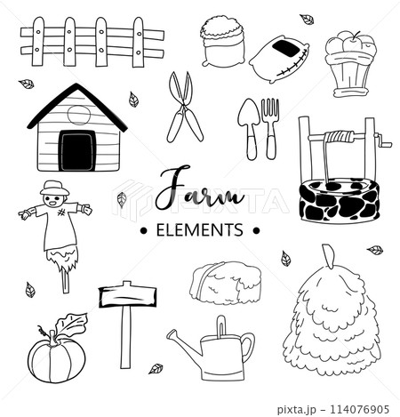 Hand drawn doodle set of farm elements. Vector illustration. 114076905