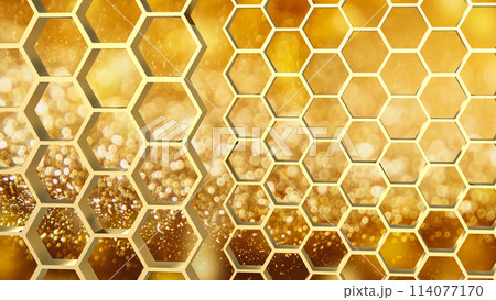 The gold hexagon or beehive pattern on Bokeh Background for sci or medical concept 3d rendering. 114077170