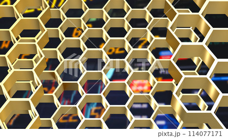 The gold hexagon or beehive pattern on Business Background for sci or medical concept 3d rendering. 114077171