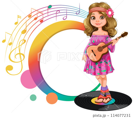 Young Girl Playing Guitar with Musical Notes 114077231