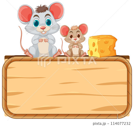 Cheerful Mice with Cheese on Wooden Sign 114077232