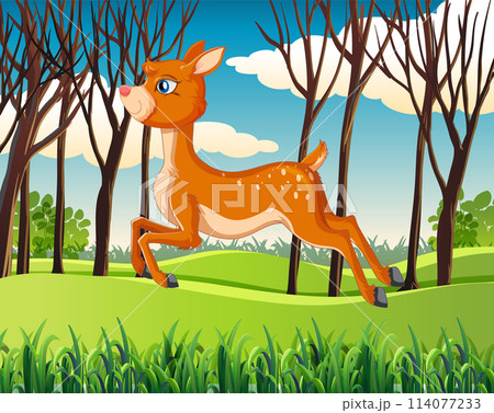 Playful Fawn Frolicking in Forest Clearing 114077233