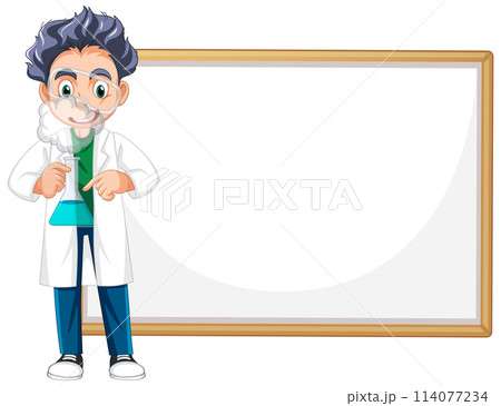 Cheerful Scientist with Blank Whiteboard 114077234