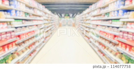 supermarket aisle and shelves interior blurred background 114077758