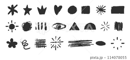 basic geometric scratch shapes set. Hand drawn Noise grunge pencil charcoal or crayon texture figures collection vector illustration basic geometric scratch shapes set. Hand drawn Noise grunge pencil charcoal or crayon texture figures collection vector illustration 114078055