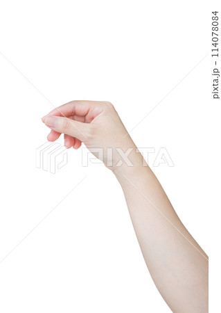 Woman hand gesture holding something isolated on white background Woman hand gesture holding something isolated on white background 114078084