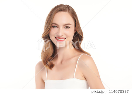 Beautiful young woman with clean fresh skin on white background, Face care, Facial treatment, Cosmetology, beauty and spa, women portrait. 114078557