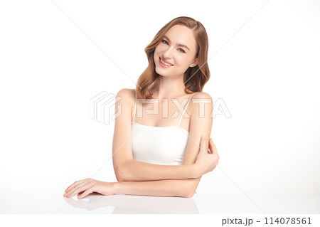 Beautiful young woman with clean fresh skin on white background, Face care, Facial treatment, Cosmetology, beauty and spa, women portrait. 114078561