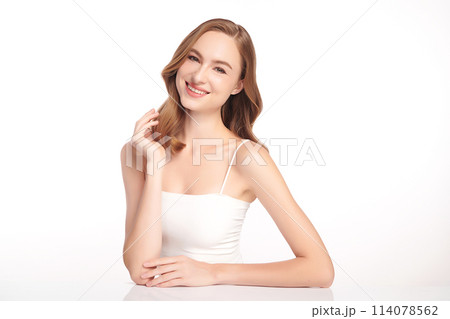 Beautiful young woman with clean fresh skin on white background, Face care, Facial treatment, Cosmetology, beauty and spa, women portrait. 114078562