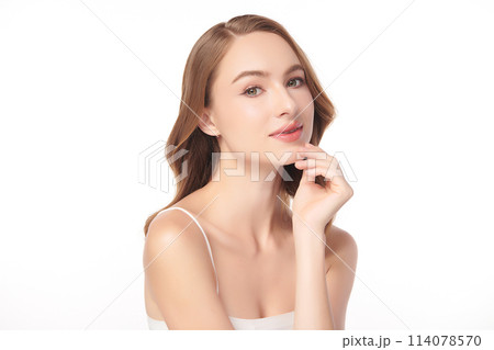 Beautiful young woman with clean fresh skin on white background, Face care, Facial treatment, Cosmetology, beauty and spa, women portrait. 114078570