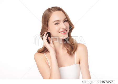 Beautiful young woman with clean fresh skin on white background, Face care, Facial treatment, Cosmetology, beauty and spa, women portrait. 114078571