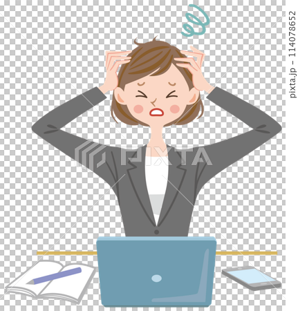 Woman holding her head while looking at a computer, overwork, stress, mistake, office worker Woman holding her head while looking at a computer, overwork, stress, mistake, office worker 114078652