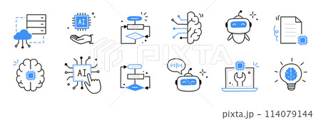 Artificial ai brain icon. Ai machine digital robot hand drawn doodle line icon. Artificial brain algorithm machine science concept. Hand drawn sketch style cute blue line. Vector 114079144