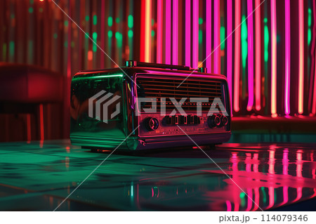 Retro radio on cafe table 114079346