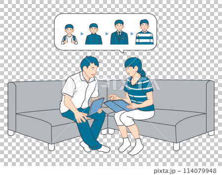 子供のための保険選びで相談し合う夫婦のビジネスイラスト 114079948