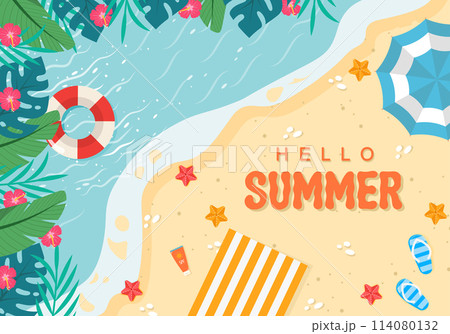 Summer sale promotion banner. Top view of sunny beach with ocean wave, inflatable ring, star fish, parasol and tropical leaves on sand. 114080132