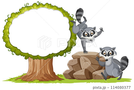 Playful Raccoons Near Tree Illustration 114080377