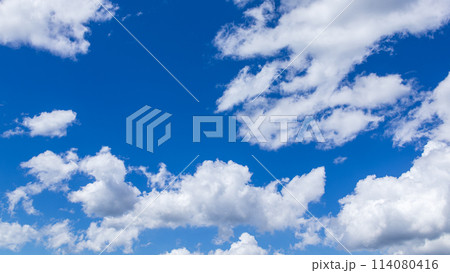 真夏の真っ青な青空に流れるたくさんの雲 真夏の真っ青な青空に流れるたくさんの雲 114080416