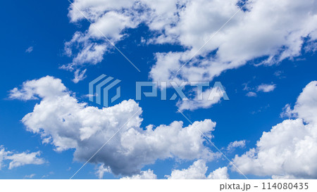 真夏の真っ青な青空に流れるたくさんの雲 真夏の真っ青な青空に流れるたくさんの雲 114080435