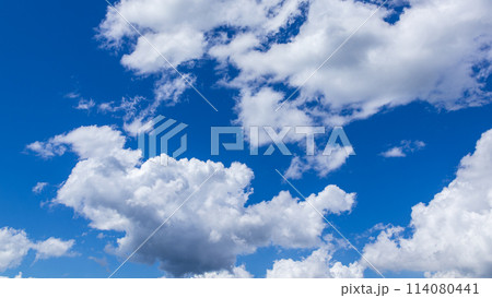 真夏の真っ青な青空に流れるたくさんの雲 114080441