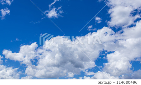 真夏の真っ青な青空に流れるたくさんの雲 真夏の真っ青な青空に流れるたくさんの雲 114080496