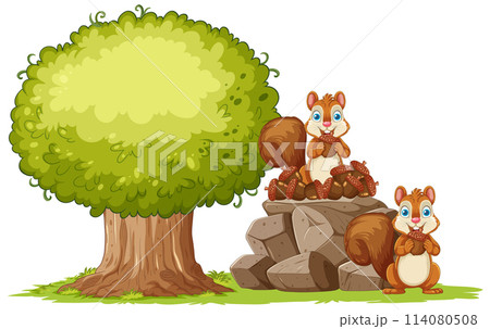 Squirrels Gathering Acorns Near Tree Squirrels Gathering Acorns Near Tree 114080508