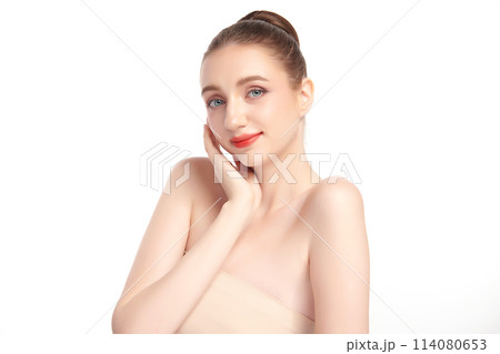 Beautiful young woman with clean fresh skin on white background, Face care, Facial treatment, Cosmetology, beauty and spa, women portrait. Beautiful young woman with clean fresh skin on white background, Face care, Facial treatment, Cosmetology, beauty and spa, women portrait. 114080653