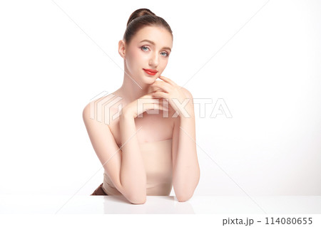 Beautiful young woman with clean fresh skin on white background, Face care, Facial treatment, Cosmetology, beauty and spa, women portrait. Beautiful young woman with clean fresh skin on white background, Face care, Facial treatment, Cosmetology, beauty and spa, women portrait. 114080655