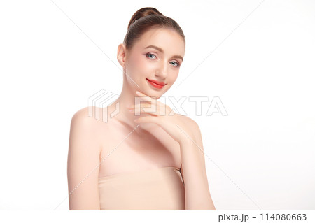 Beautiful young woman with clean fresh skin on white background, Face care, Facial treatment, Cosmetology, beauty and spa, women portrait. 114080663
