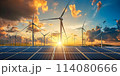 Sunset View of Solar Panels Park and Wind Turbine 114080666