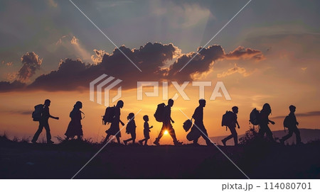 World Refugee Day, people cross the border with things at sunset 114080701