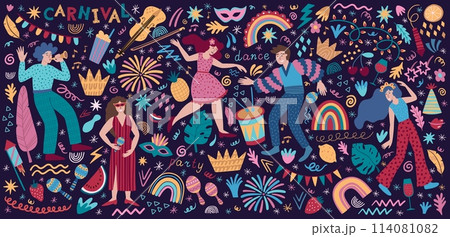 Carnival party. Summer holiday. Fiesta event with trendy dancers. Disco music. People dance. Alcohol cocktail. Rainbow and palm leaves. Women and men celebration. Vector background Carnival party. Summer holiday. Fiesta event with trendy dancers. Disco music. People dance. Alcohol cocktail. Rainbow and palm leaves. Women and men celebration. Vector background 114081082
