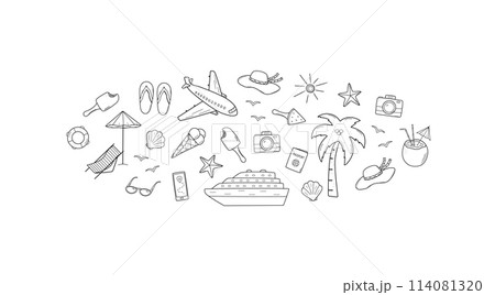 Set of summer travel doodle style icons. Vector illustration of the elements of tourism and beach holidays. Set of summer travel doodle style icons. Vector illustration of the elements of tourism and beach holidays. 114081320