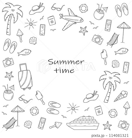 Set of summer travel doodle style icons. Vector illustration of the elements of tourism and beach holidays. 114081321