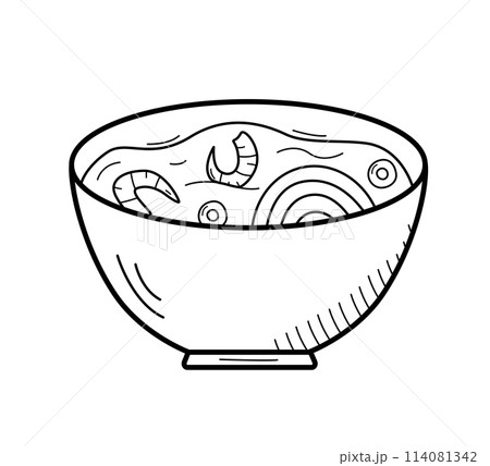 Soup with noodles, eggs, and shrimp in a bowl. Vector illustration of Asian cuisine, doodle icons for restaurant menus. Soup with noodles, eggs, and shrimp in a bowl. Vector illustration of Asian cuisine, doodle icons for restaurant menus. 114081342