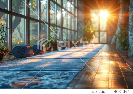 Yoga mats are spread out on the wooden floor in the room. International Yoga Day 114081364