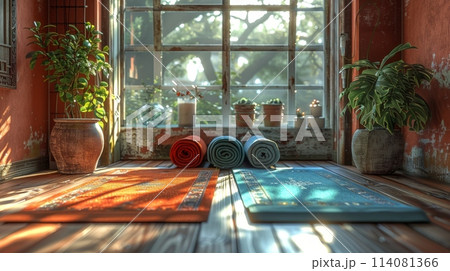 Yoga mats are spread out on the wooden floor in the room. International Yoga Day 114081366
