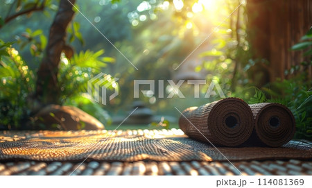 There is a set of yoga mats on the wooden floor in the room. International Yoga Day 114081369