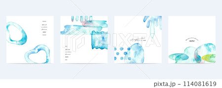 水彩画。水彩タッチのベクターグラデーションフレーム。夏の涼しげ落書き背景。幾何学 水彩画。水彩タッチのベクターグラデーションフレーム。夏の涼しげ落書き背景。幾何学 114081619