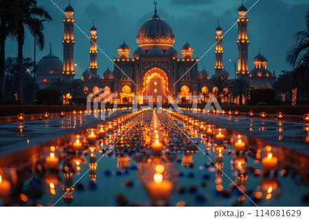 the Arab mosque in the evening lights. Eid al-adha. The Feast of Sacrifice the Arab mosque in the evening lights. Eid al-adha. The Feast of Sacrifice 114081629