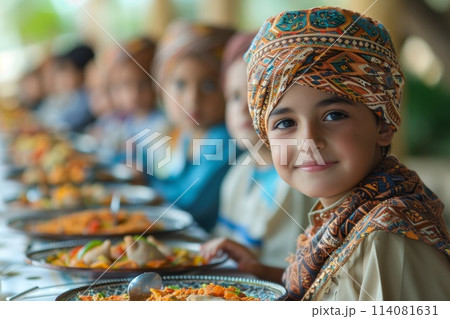 the boy at the table. Traditional Middle Eastern dishes of Arabic cuisine for the Eid al-Adha holiday 114081631