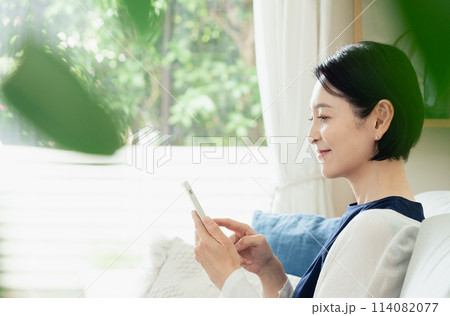 リビングでスマートフォンを操作する主婦 114082077