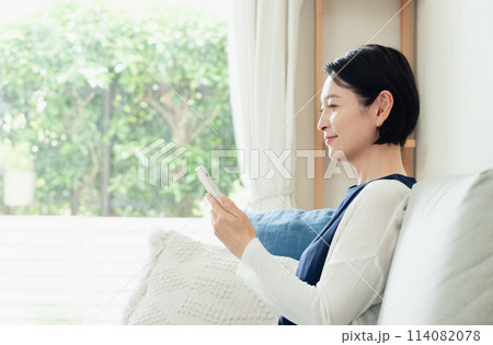 リビングでスマートフォンを操作する主婦 114082078