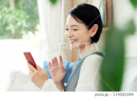 リビングでスマートフォンを操作する主婦 114082099