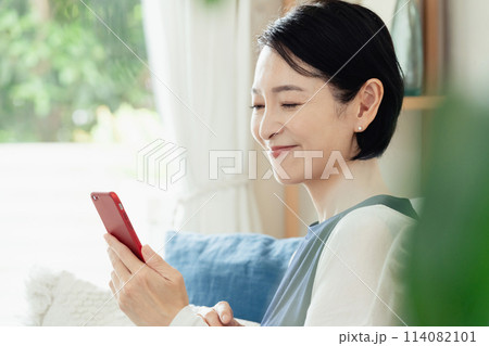 リビングでスマートフォンを操作する主婦 114082101