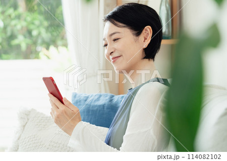 リビングでスマートフォンを操作する主婦 114082102