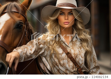Cowgirl, Attractive girl rider , ranch, riding a horse, pasture, headdress hat, Texas clothes shepherd, female . Cowgirl, Attractive girl rider , ranch, riding a horse, pasture, headdress hat, Texas clothes shepherd, female . 114082134