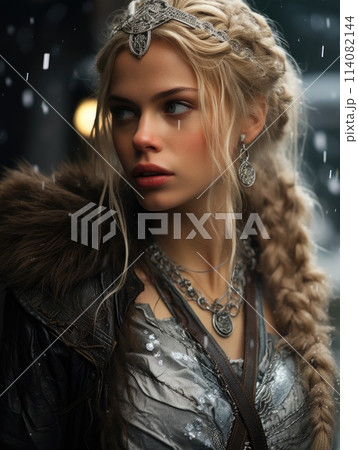 Portrait of a female Viking warrior, female medieval Scandinavian seafaring mariner Swedish, Norwegian and Danish Vikings, attractive bold warlike beautiful courage bravery bravery outlaw . Portrait of a female Viking warrior, female medieval Scandinavian seafaring mariner Swedish, Norwegian and Danish Vikings, attractive bold warlike beautiful courage bravery bravery outlaw . 114082144
