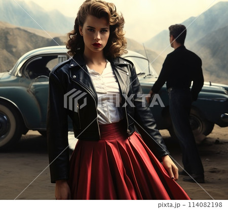 People fashion clothing 1950, 1960 in the style of iconic rock and roll imagery, Times of driving music, trendy hairstyles, stylish clothes, daring deeds, leather jackets and colorful dresses . 114082198