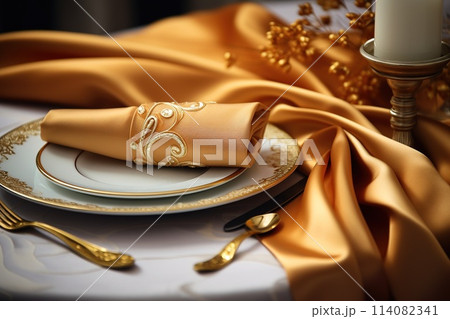Table setting, harmonious combination of ornaments, dining for various events, wedding invitations, banquet christening, birthday parties. banner, copy space, background, text 114082341